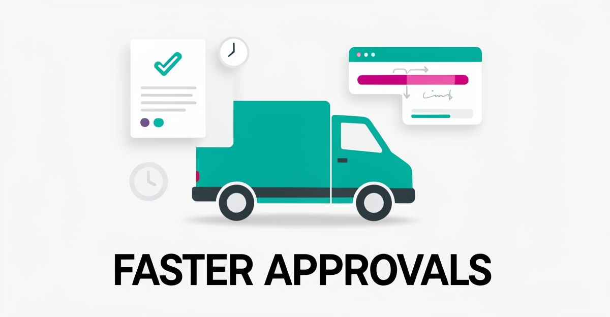 Flat illustration of a fleet truck with digital approval checkmarks and workflow icons in teal and magenta, headlined Faster Approvals.