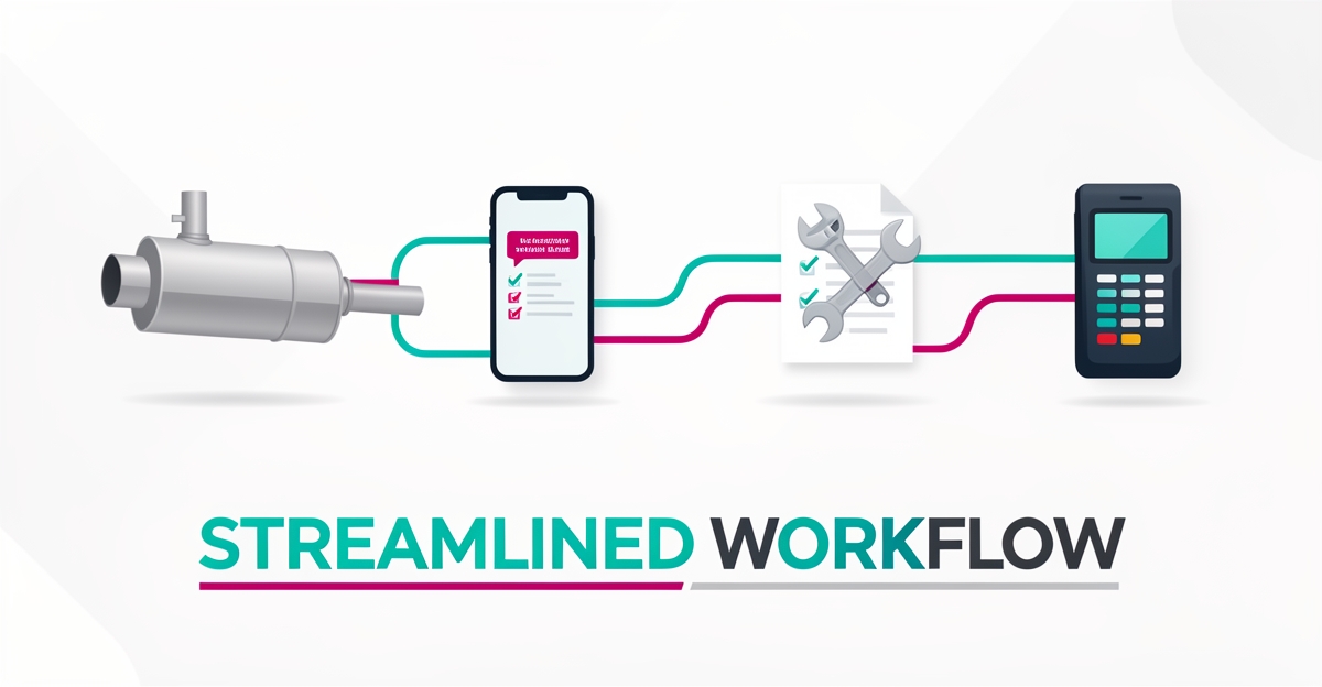 Flat illustration of an exhaust shop digital workflow connecting leads, quotes, service, and payment with teal and magenta accents.