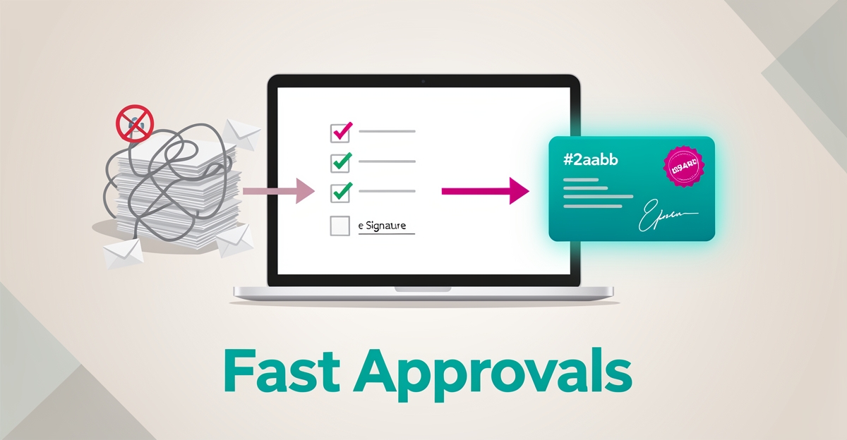 Flat illustration of a client portal streamlining project approvals from chaotic emails to a fast digital sign-off.