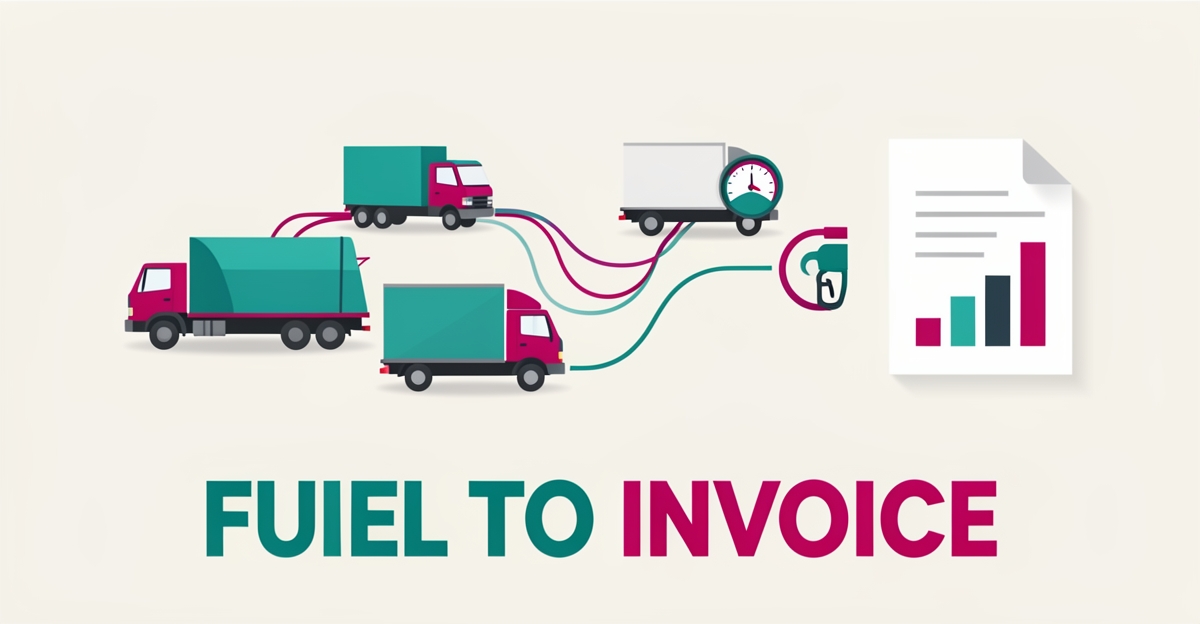 Flat illustration of fleet vehicles syncing fuel data to a project invoice, in teal and magenta brand accents.
