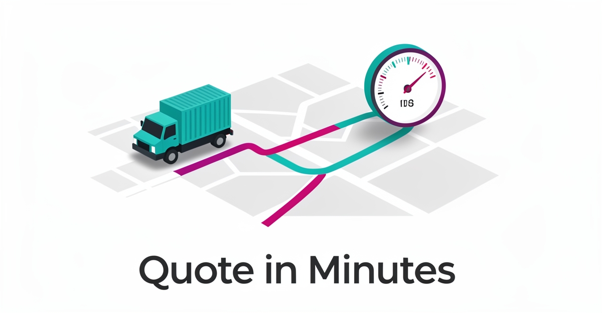 Flat illustration of fast freight quoting with a truck on a digital route and timer, accented in teal and magenta.
