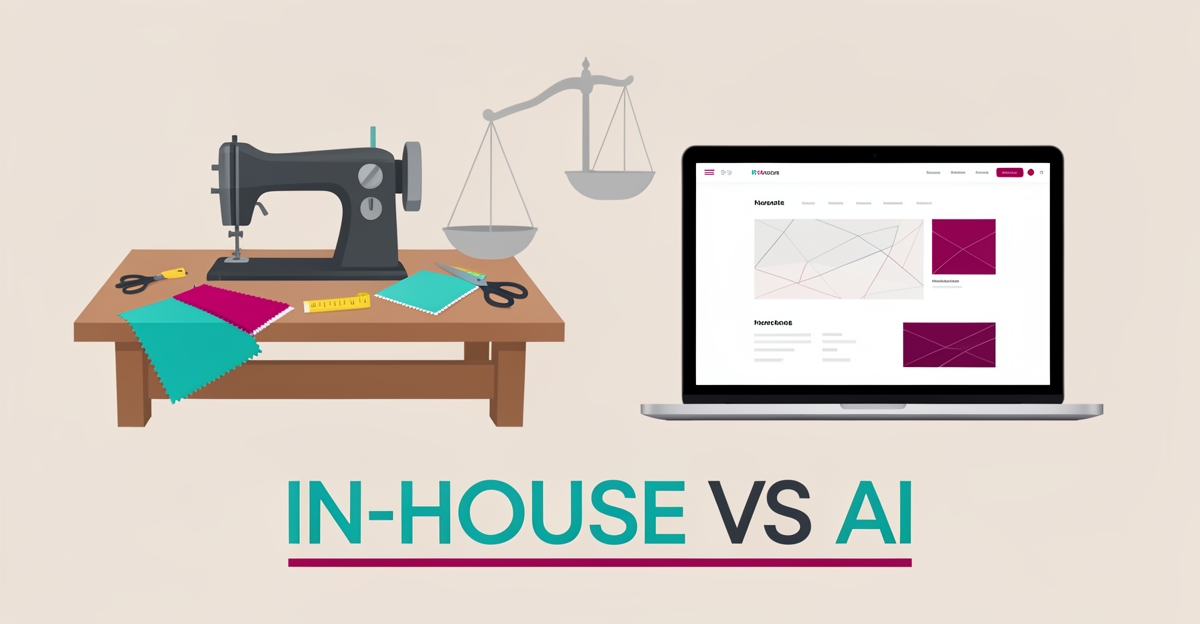 Flat illustration of a tailor's workbench beside a laptop with a website wireframe, comparing in-house versus AI website platforms.