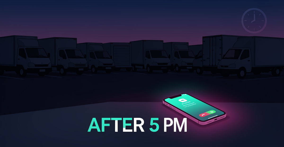 Flat illustration of parked fleet trucks at dusk with a glowing phone call notification, symbolizing missed after-hours leads for fleet washing businesses.