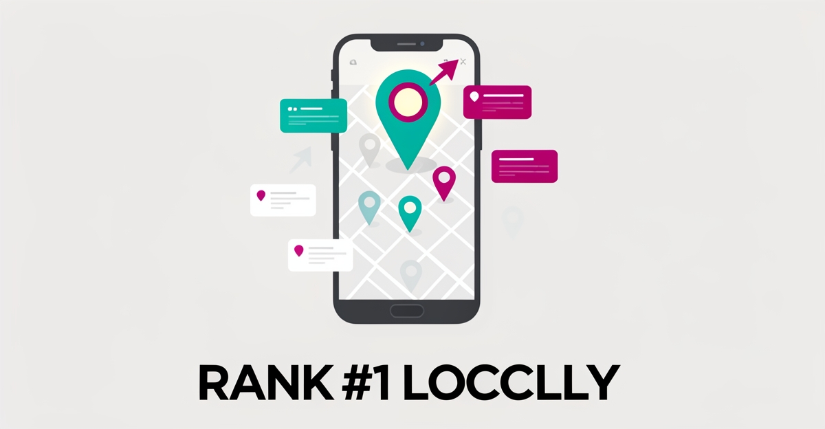 Flat illustration of a smartphone map with a glowing teal and magenta location pin ranking first, headline reading Rank #1 Locally.