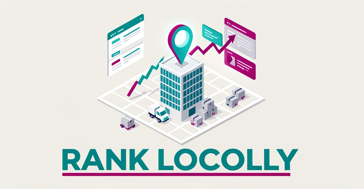 Flat illustration of a map with a glowing location pin above an office building and rising search ranking graphs in teal and magenta.