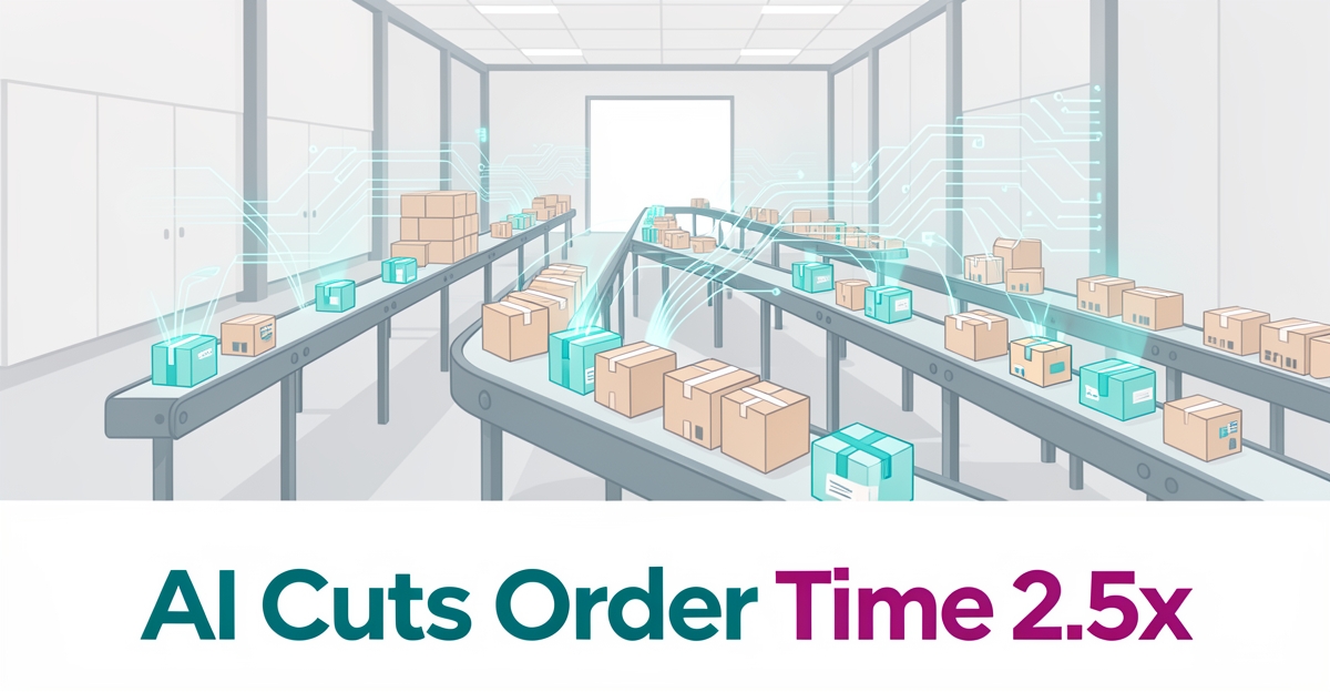 Modern flat illustration of a food distribution warehouse with AI-enhanced conveyor belts and data flows, featuring the headline 'AI Cuts Order Time 2.5x' in brand colors as a lower-third design accent.