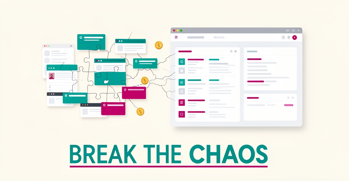Flat illustration of scattered software windows merging into one unified dashboard, symbolizing consolidated auto shop software, with headline 'Break the Chaos'.