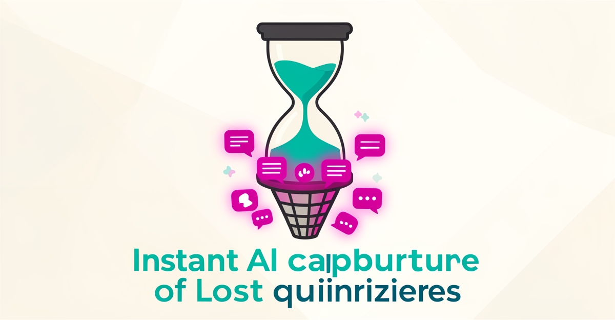 Flat illustration of an hourglass draining into a digital net catching glowing chat icons, symbolizing AI capturing delayed equipment inquiries instantly.