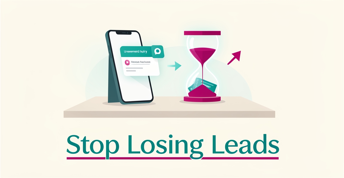 Flat illustration of a smartphone with fading notifications and an hourglass, symbolizing lost microblading leads from delayed responses.