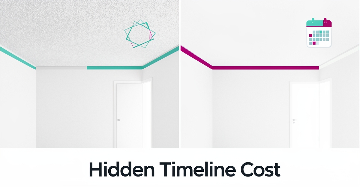 Flat illustration showing popcorn ceiling removal transformation with timeline accents highlighting contractor lead loss.