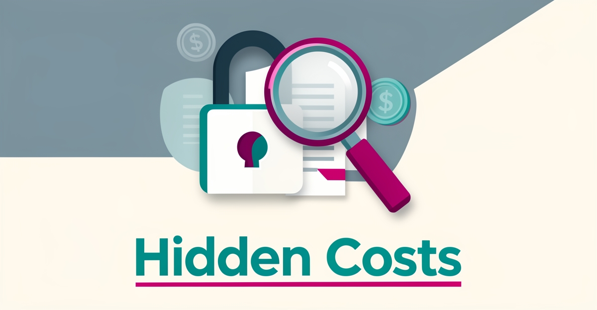 Flat illustration of a padlock, magnifying glass, and documents with coins, symbolizing hidden costs of opaque background check processes.