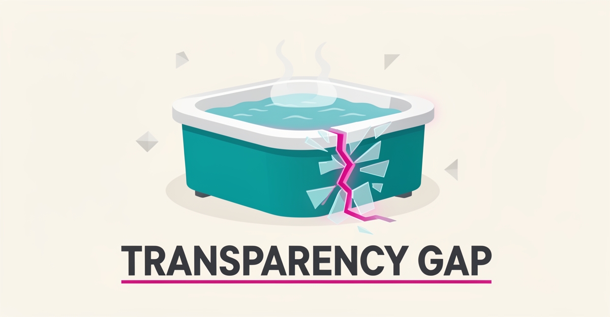 Flat illustration of a hot tub split between solid teal and dissolving fragments, symbolizing transparency gaps in repair service, with headline 'Transparency Gap'.