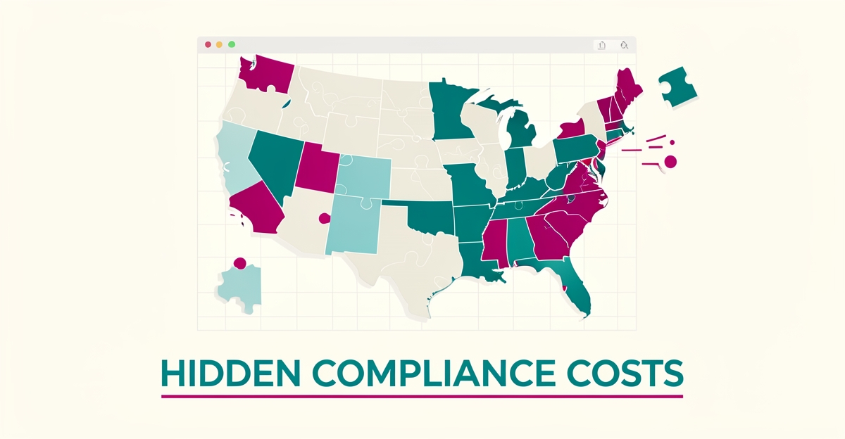 Flat illustration of a fragmented US map with teal and magenta accents symbolizing state-specific DOT compliance gaps on a website.