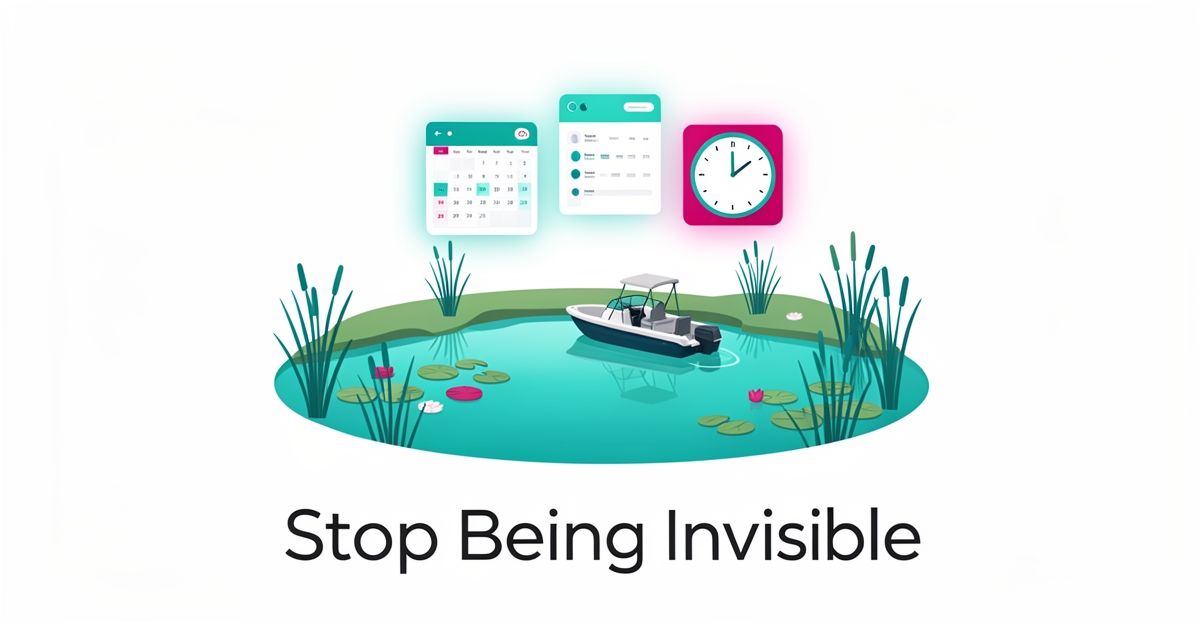 Flat illustration of a calm pond with floating calendar icons above it, symbolizing transparent online scheduling for aquatic services.