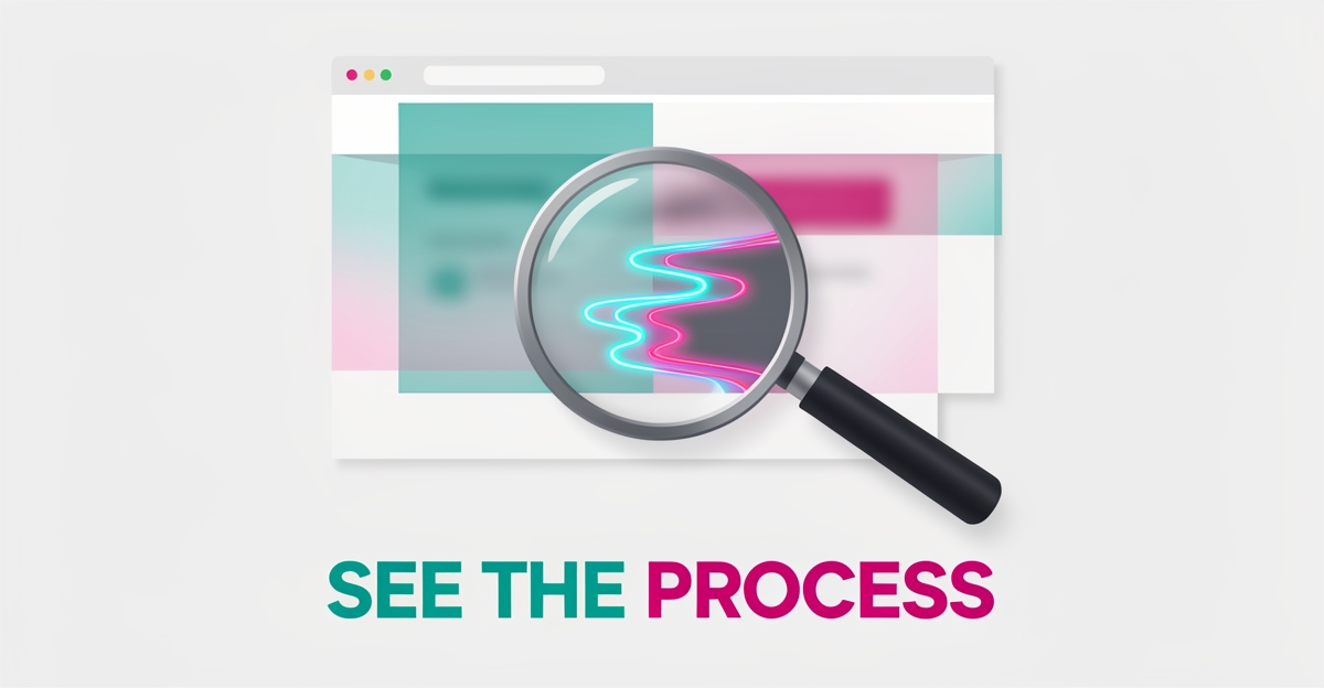 Flat illustration of a magnifying glass revealing a glowing step-by-step process pathway beneath a website interface, accented in teal and magenta with the headline See the Process.