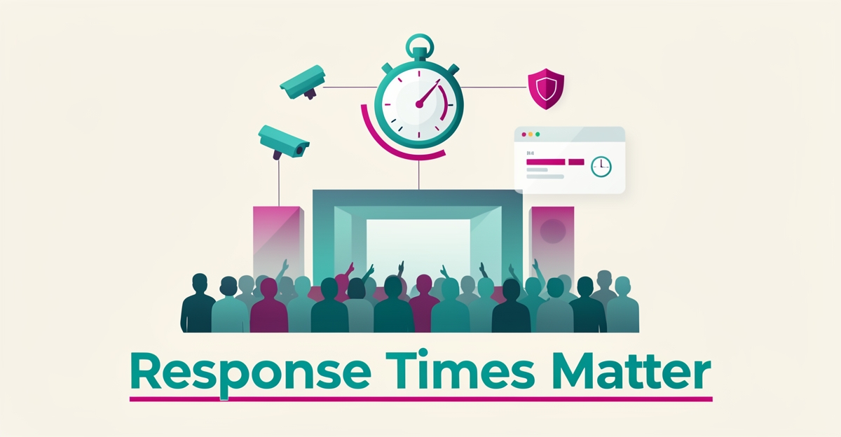 Flat illustration of an event venue with a stopwatch and radar dial symbolizing transparent security response times, accented in teal and magenta.