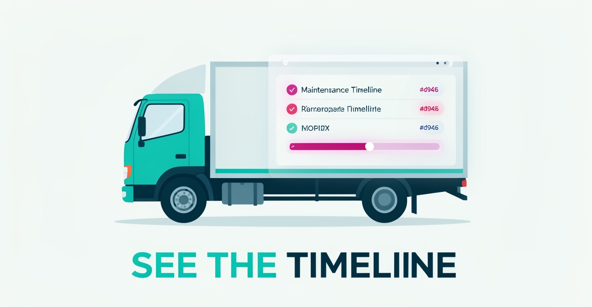 Flat illustration of a refrigerated truck with a visible maintenance timeline overlay in teal and magenta brand colors.