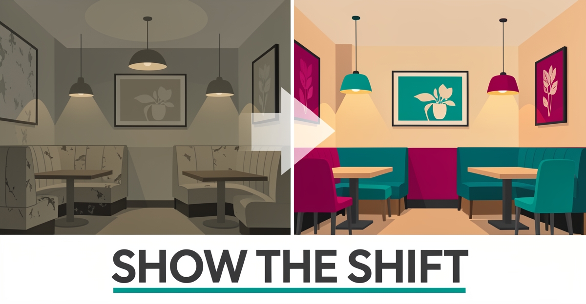 Split illustration contrasting outdated and modern restaurant interiors with teal and magenta accents, highlighting design transformation impact.