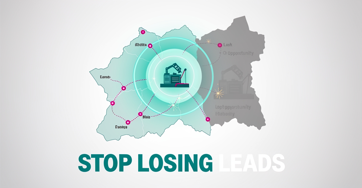 Flat illustration of a map showing a welding shop's glowing teal service radius versus a faded invisible coverage zone, with the headline Stop Losing Leads.