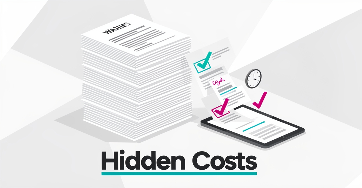 Flat illustration of stacked paper waivers transforming into digital signed contracts, symbolizing hidden administrative costs in sports leagues.