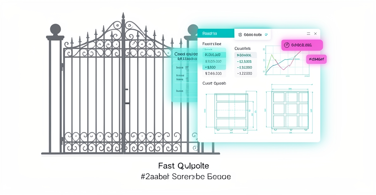 A modern flat illustration of an ornamental iron gate with digital quote overlays, symbolizing automated quoting saving time and revenue for ironwork businesses.