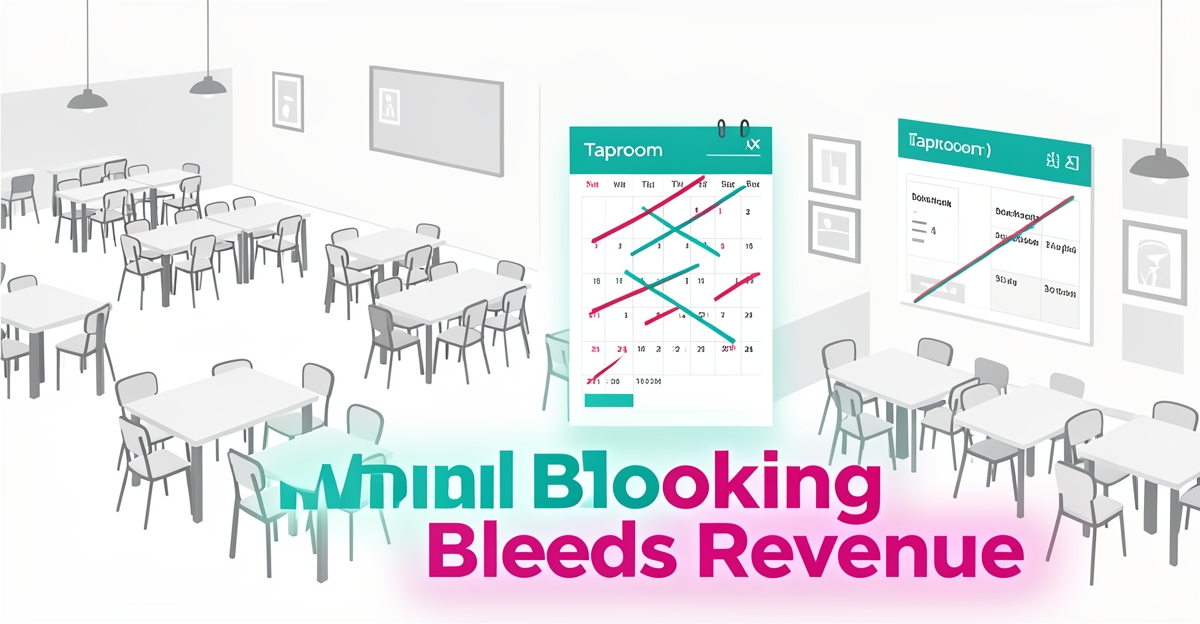 Flat illustration of a taproom with booking calendar and AI interface showing revenue loss from manual systems.