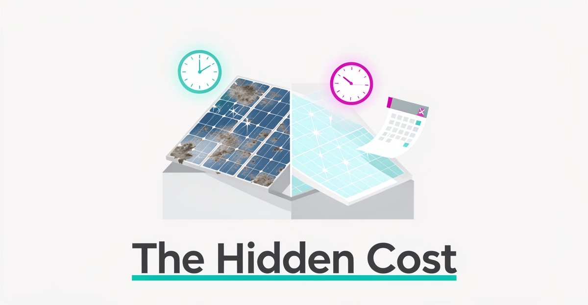 Flat illustration of a dirty versus clean solar panel with a clock and calendar, representing lost time from manual website updates.
