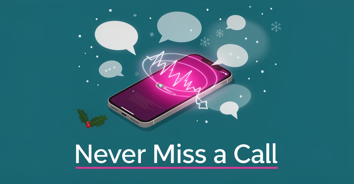Flat illustration of a smartphone with a glowing missed-call alert and AI waveform, accented in teal and magenta, with the headline Never Miss a Call.