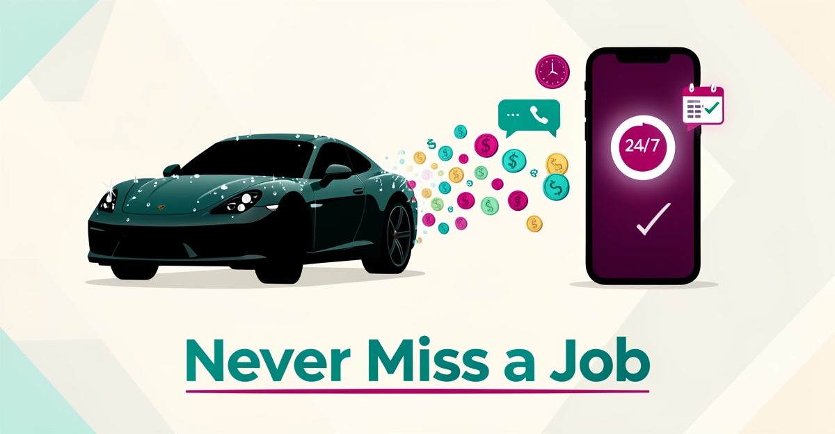 Flat illustration of a polished detailing car beside a smartphone showing a missed call and floating coins, with a 24/7 booking icon recovering lost revenue.