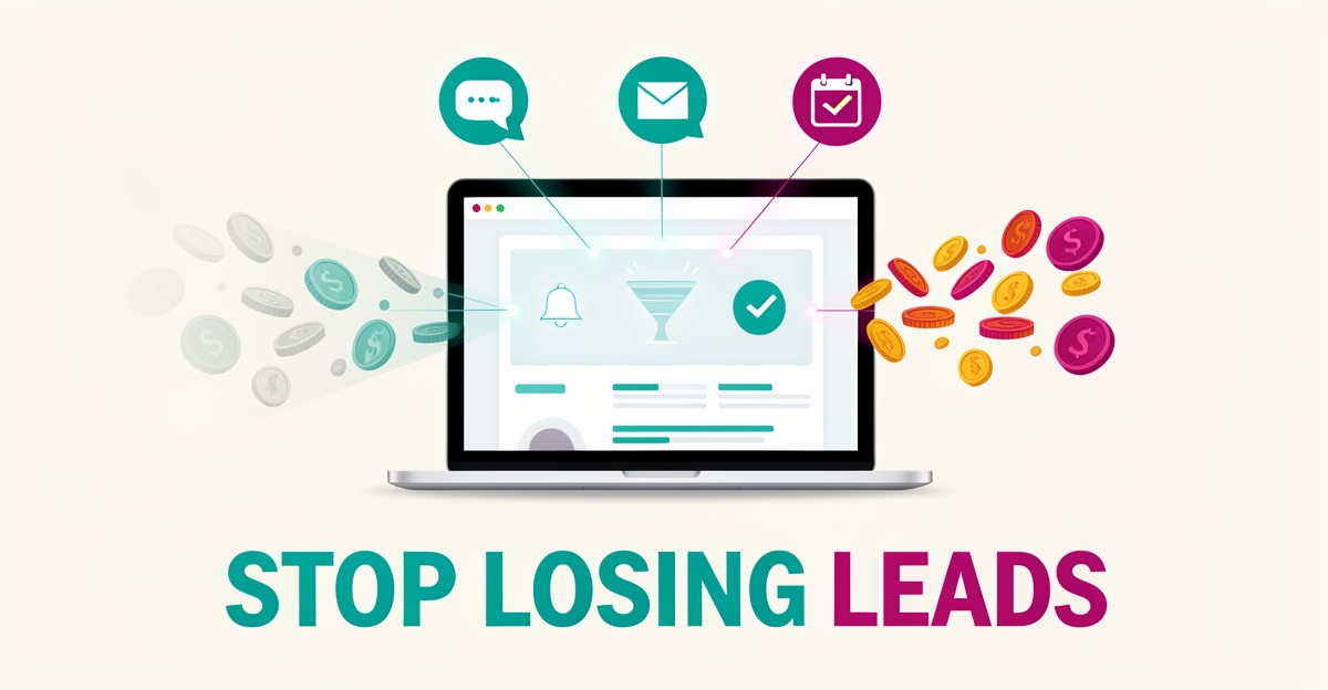 Flat illustration of a laptop with a smart website dashboard capturing leads while coins flow back, symbolizing recovered revenue from automated follow-ups.