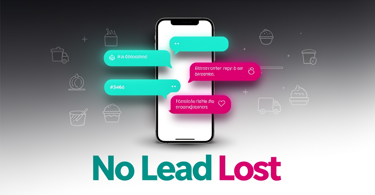 Flat illustration of a smartphone with fading unanswered messages and glowing AI replies capturing missed restaurant inquiries, accented in teal and magenta.