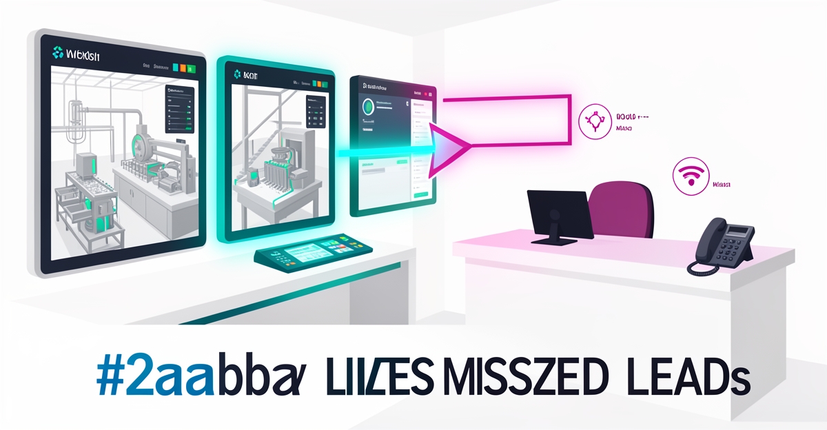 Modern flat illustration contrasting automated slaughterhouse tech with unattended front desk phone, using brand colors to highlight missed inspection leads in meat processing