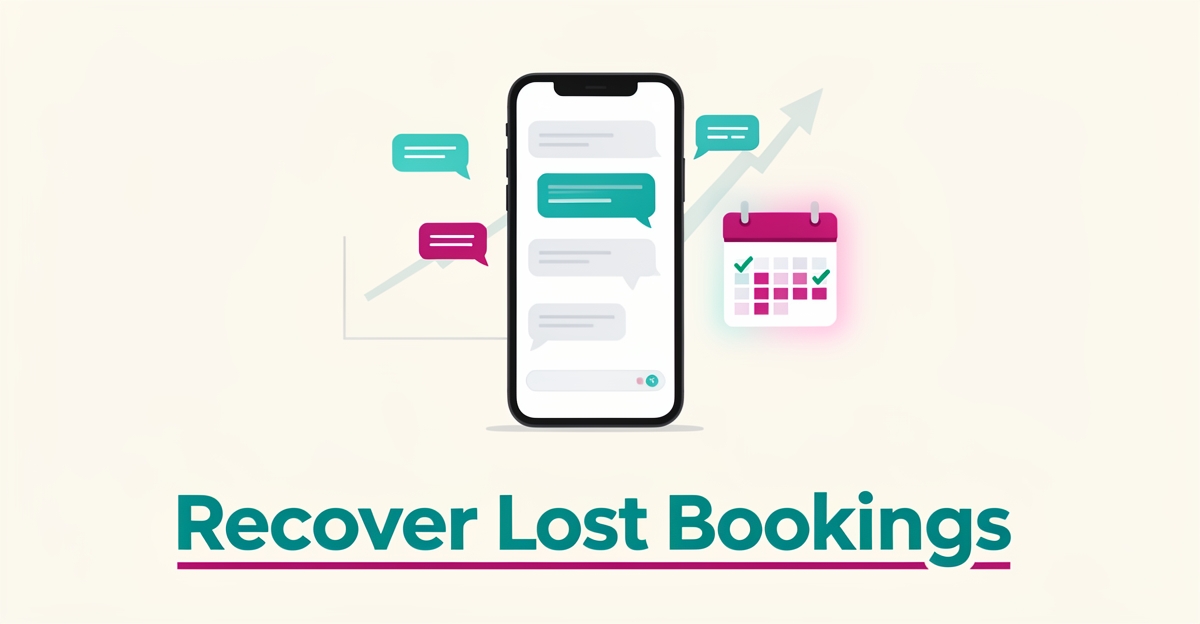 Flat illustration of a smartphone chat assistant recovering missed rental inquiries, boosting bookings for property managers.