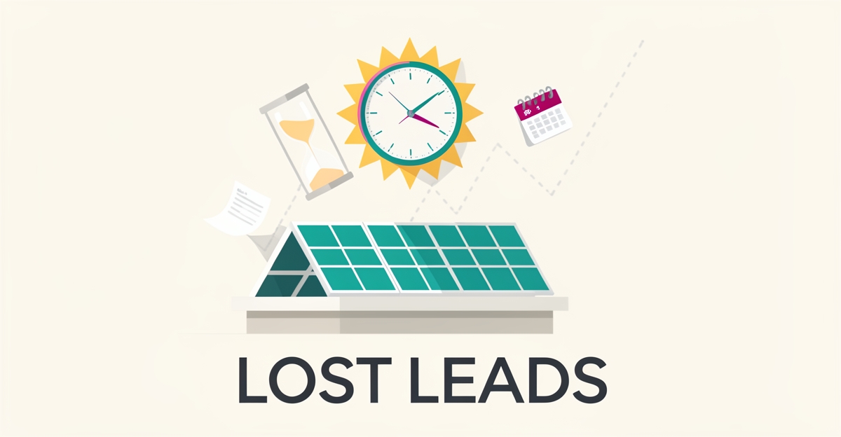 Flat illustration of a solar-panel rooftop with a clock and slipping calendar symbolizing lost leads from missed installation timelines.