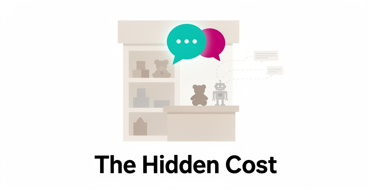 Flat illustration of a toy store with a glowing AI chat bubble, symbolizing the hidden revenue cost of missing chatbot support.