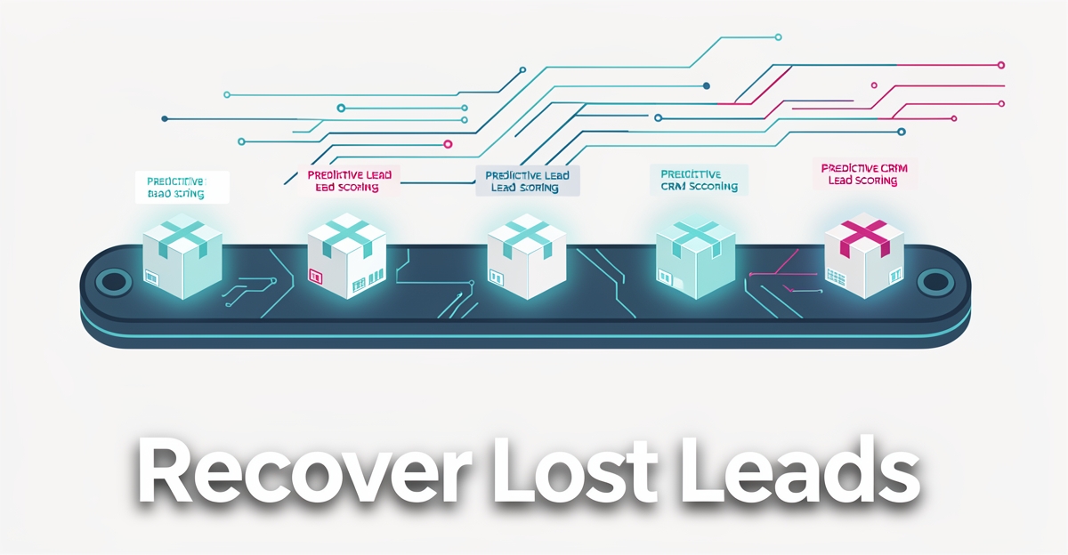 A minimalist flat illustration of a conveyor belt with digital data streams and glowing package icons, symbolizing AI CRM recovering lost leads in manufacturing.
