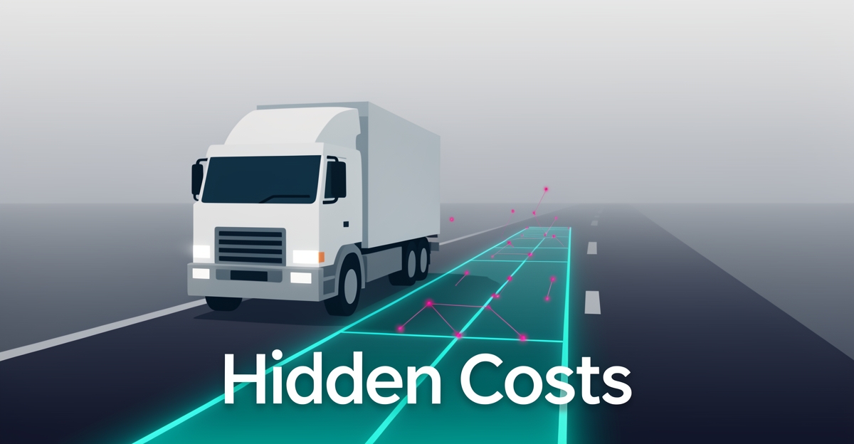 Flat illustration of a truck heading toward a glowing AI-powered digital path, symbolizing hidden costs of poor content visibility.