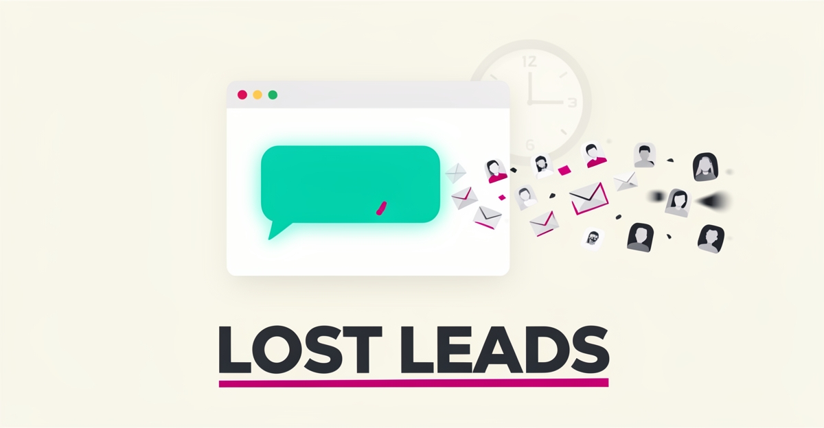 Flat illustration of an unanswered chat bubble with dissolving lead icons, symbolizing lost leads without an AI chatbot.