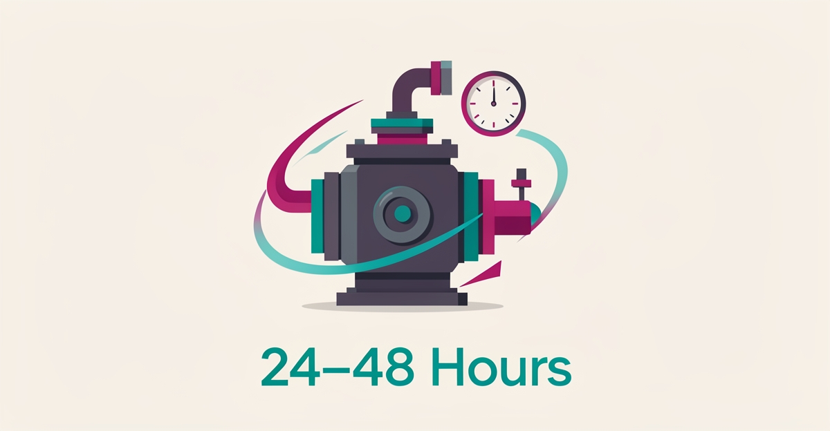 Flat illustration of an industrial pump with a clock motif and 24–48 Hours headline, symbolizing transparent repair turnaround times.
