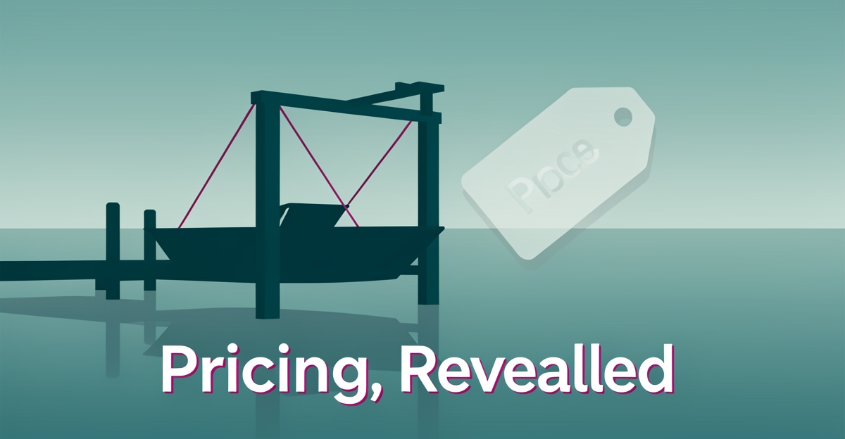 Flat illustration of a teal boat lift on a calm dock with dissolving price tags symbolizing transparent boat lift pricing.