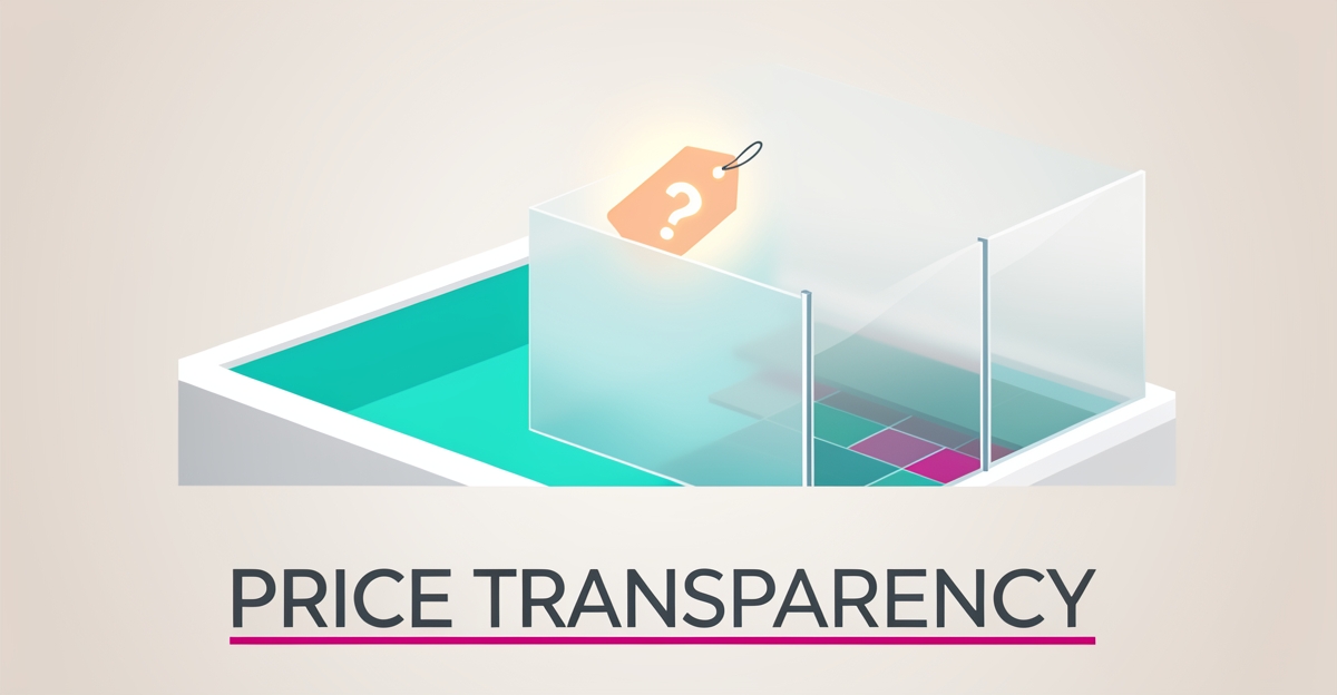 Flat illustration contrasting a clear turquoise pool with a fogged opaque pool and a question-mark price tag, symbolizing pricing transparency.