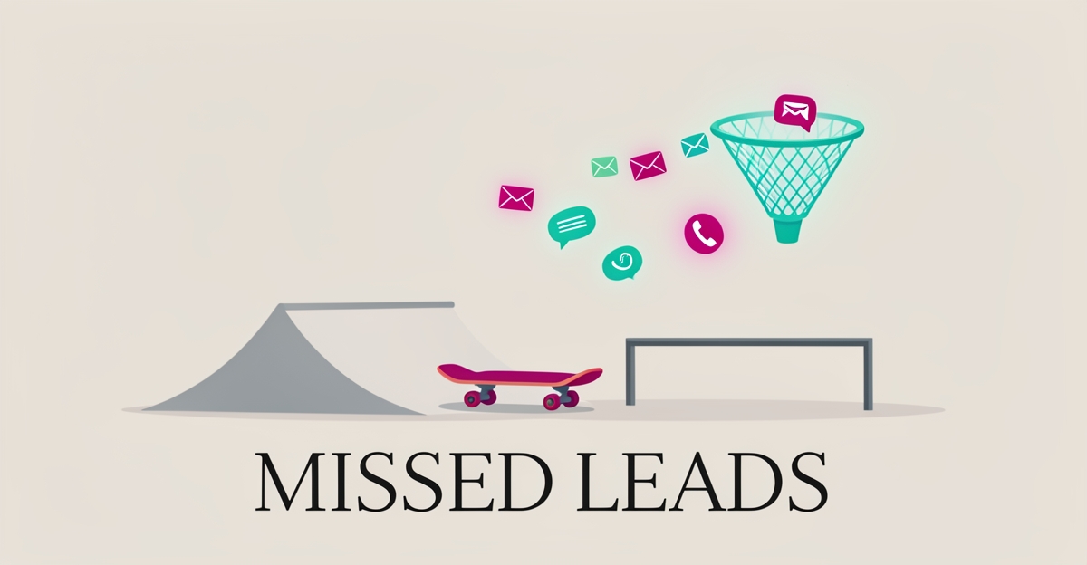 Flat illustration of a skate park ramp with lead icons slipping away and a teal CRM funnel capturing inquiries, headline reading Missed Leads.
