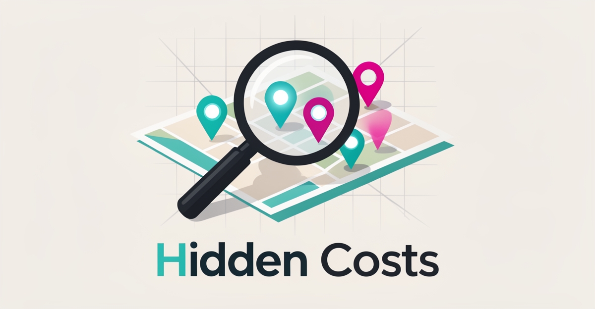 Flat illustration of a magnifying glass over a map with glowing and fading location pins, representing hidden costs of skipping AI content for local visibility.