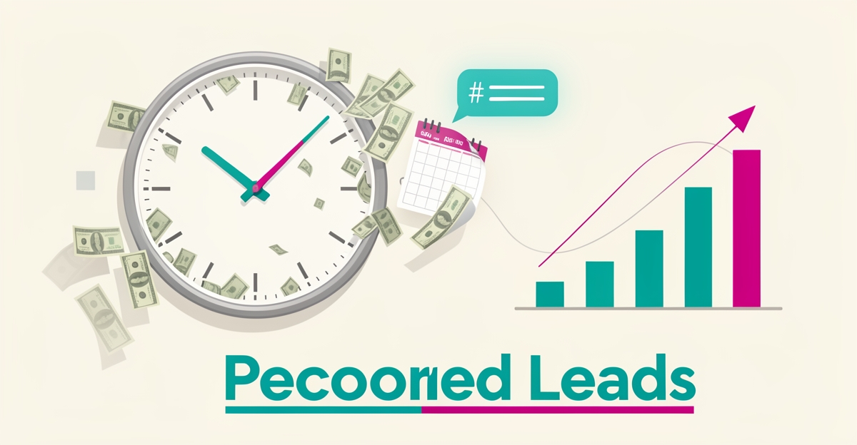 Flat illustration of a dissolving clock and fading money beside a smartphone with alerts, symbolizing lost leads from slow follow-ups.