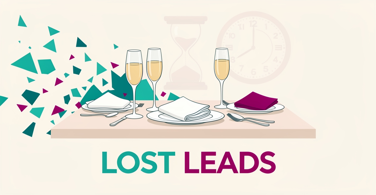 Flat illustration of a catering table dissolving into fragments with a clock motif, symbolizing lost event leads from slow follow-ups.