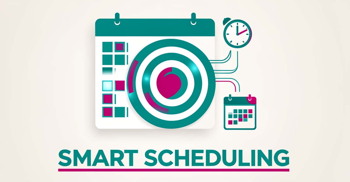 Flat illustration of a shooting range target reimagined as a dynamic AI-powered class scheduling calendar with teal and magenta accents.