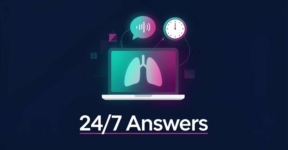 Flat illustration of a glowing AI chat bubble and voice icon above a laptop with lung interface, headline reading 24/7 Answers.