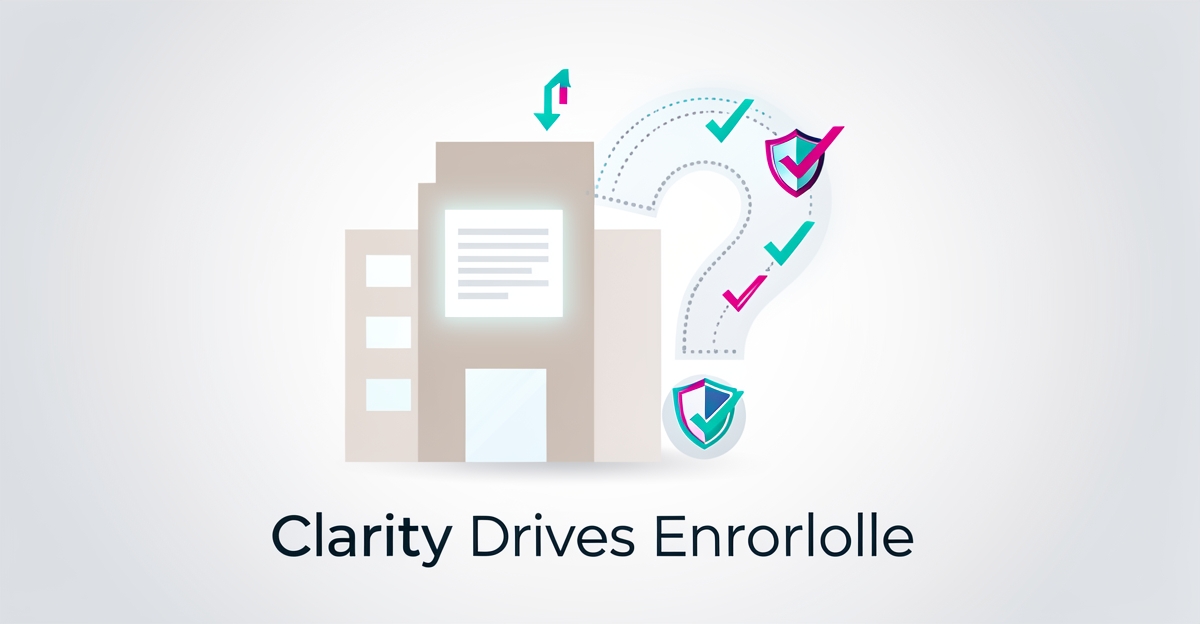 Flat illustration showing clear care information icons transforming confusion into safety shields with teal and magenta accents.
