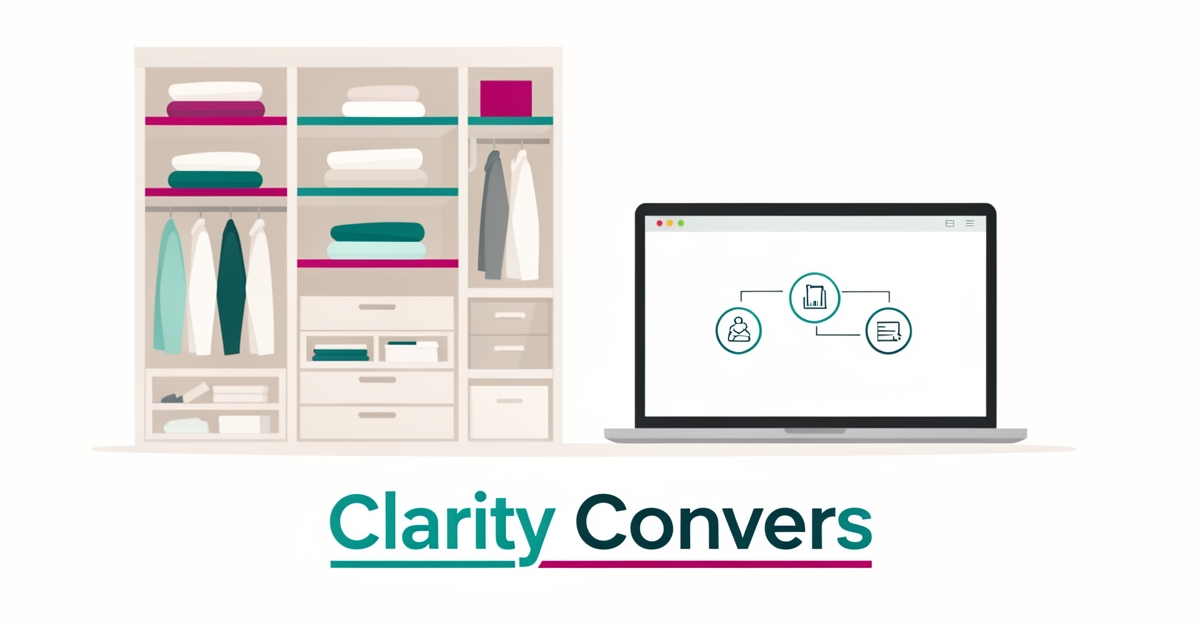 Flat illustration of an organized closet beside a laptop showing a step-by-step process, headline reading Clarity Converts.
