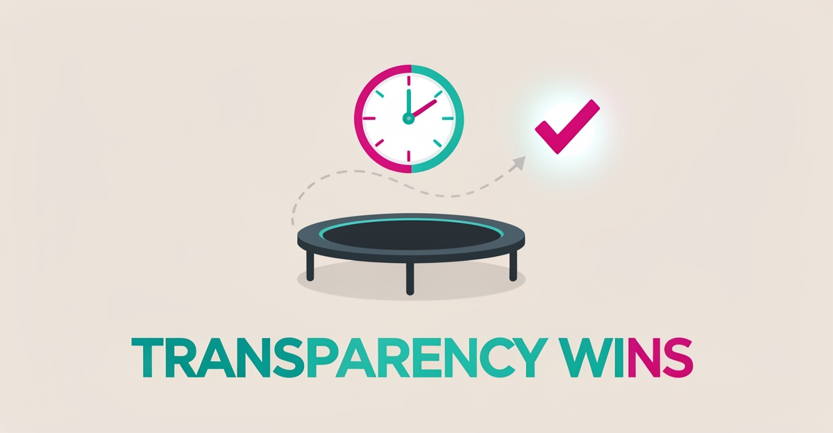 Flat illustration of a trampoline with a clock and conversion checkmark symbolizing how transparent turnaround times drive customer trust.